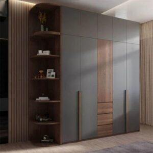 Minimalist wardrobe UAE, matte wardrobe Dubai apartment, handleless wardrobe Sharjah, modern closet design UAE, timber accent wardrobe Dubai