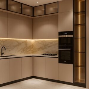 Modern kitchen UAE wooden countertop, handleless kitchen Dubai, custom kitchen Sharjah, walnut kitchen design UAE, built in kitchen appliances Dubai