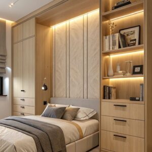 Modern over-bed wardrobe UAE, space-saving bedroom furniture Dubai, luxury integrated wardrobe system Sharjah, smart storage bed with LED lighting UAE, custom bedroom furniture villa UAE