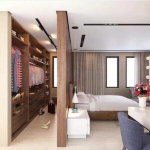Luxury walk-in wardrobe UAE, master bedroom suite Dubai villa, modern wardrobe with glass divider UAE, premium bedroom interior Sharjah, architectural bedroom design UAE