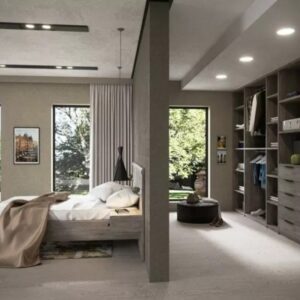 Luxury walk-in wardrobe UAE, master bedroom suite Dubai villa, modern wardrobe with glass divider UAE, premium bedroom interior Sharjah, architectural bedroom design UAE