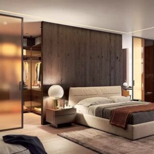 Luxury walk-in wardrobe UAE, master bedroom suite Dubai villa, modern wardrobe with glass divider UAE, premium bedroom interior Sharjah, architectural bedroom design UAE