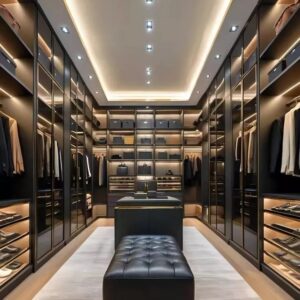 Open wardrobe system UAE, modern closet Dubai apartment, LED wardrobe shelves Sharjah, modular wardrobe UAE, minimalist wardrobe design Dubai