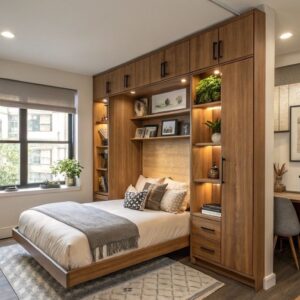 Modern over-bed wardrobe UAE, space-saving bedroom furniture Dubai, luxury integrated wardrobe system Sharjah, smart storage bed with LED lighting UAE, custom bedroom furniture villa UAE