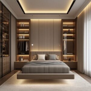 Modern over-bed wardrobe UAE, space-saving bedroom furniture Dubai, luxury integrated wardrobe system Sharjah, smart storage bed with LED lighting UAE, custom bedroom furniture villa UAE