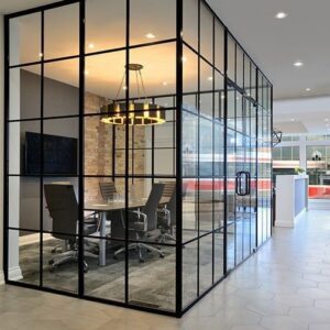 lass office partition UAE black frame glass door Dubai office design