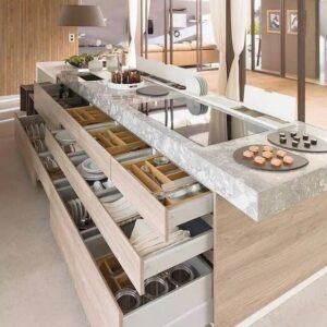 marble kitchen island with storage UAE villa kitchen design