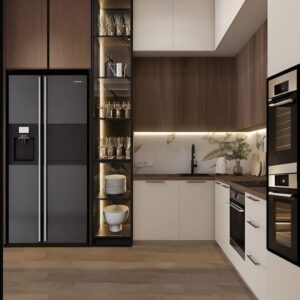 Modern kitchen UAE wooden countertop, handleless kitchen Dubai, custom kitchen Sharjah, walnut kitchen design UAE, built in kitchen appliances Dubai