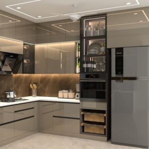 Modern kitchen UAE wooden countertop, handleless kitchen Dubai, custom kitchen Sharjah, walnut kitchen design UAE, built in kitchen appliances Dubai