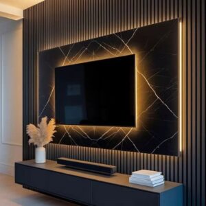 luxury tv wall unit UAE slatted panel LED lighting floating console