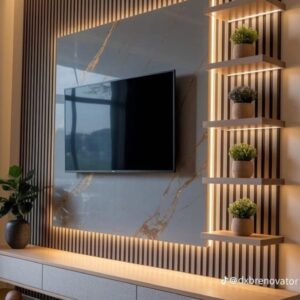 luxury tv wall unit UAE slatted panel LED lighting floating console