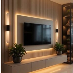 luxury tv wall unit UAE slatted panel LED lighting floating console