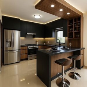 Modern custom-designed luxury kitchen in Dubai featuring matte dark grey cabinetry, warm wooden breakfast bar, pendant lighting, integrated shelving, and minimalist contemporary interior design.