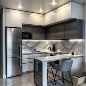 Modern custom-designed luxury kitchen in Dubai featuring matte dark grey cabinetry, warm wooden breakfast bar, pendant lighting, integrated shelving, and minimalist contemporary interior design.