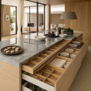 marble kitchen island with storage UAE villa kitchen design