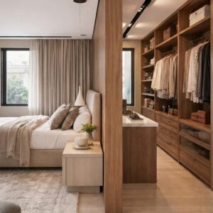 Luxury walk-in wardrobe UAE, master bedroom suite Dubai villa, modern wardrobe with glass divider UAE, premium bedroom interior Sharjah, architectural bedroom design UAE