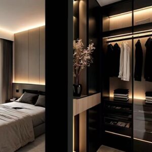 Luxury wardrobe divider UAE, glass wardrobe closet Dubai, modern bedroom partition Sharjah, walk-in wardrobe glass doors UAE, high-end wardrobe system Dubai