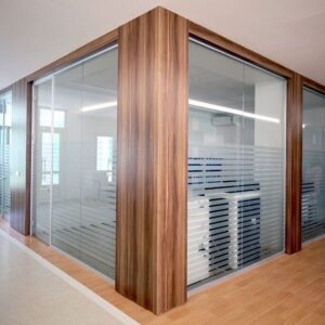 lass office partition UAE black frame glass door Dubai office design