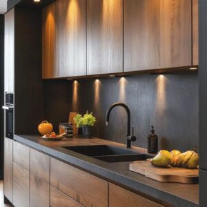 Modern kitchen UAE wooden countertop, handleless kitchen Dubai, custom kitchen Sharjah, walnut kitchen design UAE, built in kitchen appliances Dubai