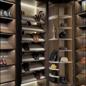 Classic walnut walk in wardrobe UAE, luxury wardrobe Dubai villa, corner wardrobe carousel UAE, traditional closet design Sharjah, premium dressing room Abu Dhabi