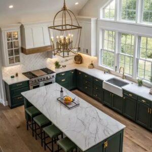marble kitchen island with storage UAE villa kitchen design