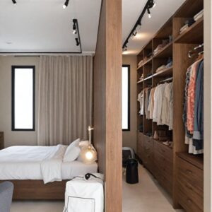 Luxury walk-in wardrobe UAE, master bedroom suite Dubai villa, modern wardrobe with glass divider UAE, premium bedroom interior Sharjah, architectural bedroom design UAE