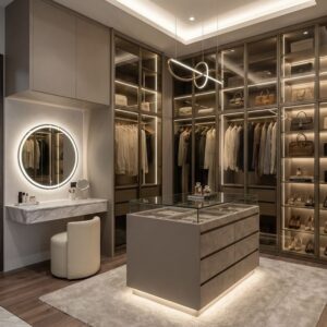 Open wardrobe system UAE, modern closet Dubai apartment, LED wardrobe shelves Sharjah, modular wardrobe UAE, minimalist wardrobe design Dubai